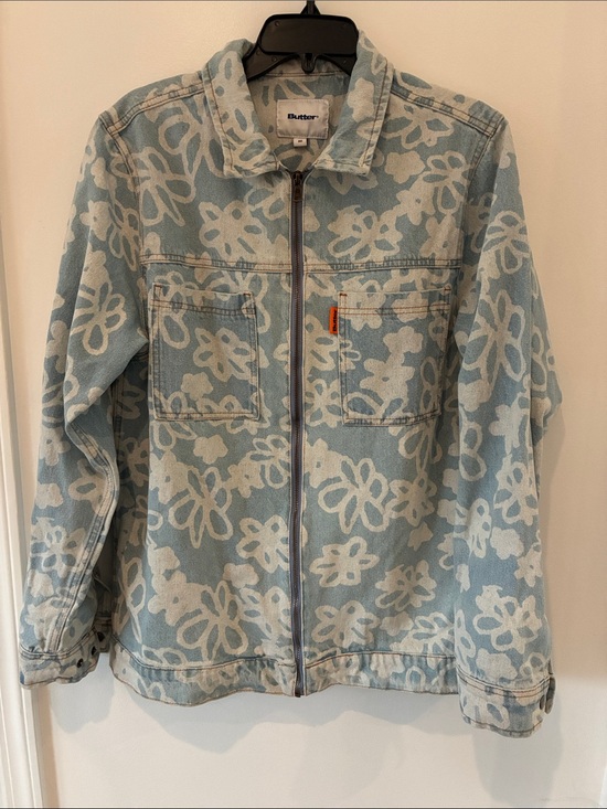 Butter Jackets & Blazers - Butter Light Blue Denim Jacket with White Floral Print
